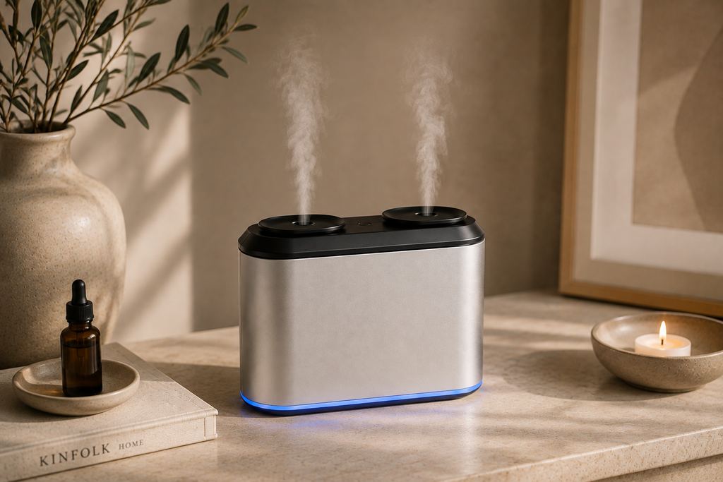 Silver DualMist waterless essential oil diffuser releasing fragrance mist in a warm, calming home setting.