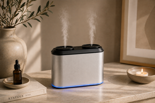 Silver DualMist waterless essential oil diffuser releasing fragrance mist in a warm, calming home setting.